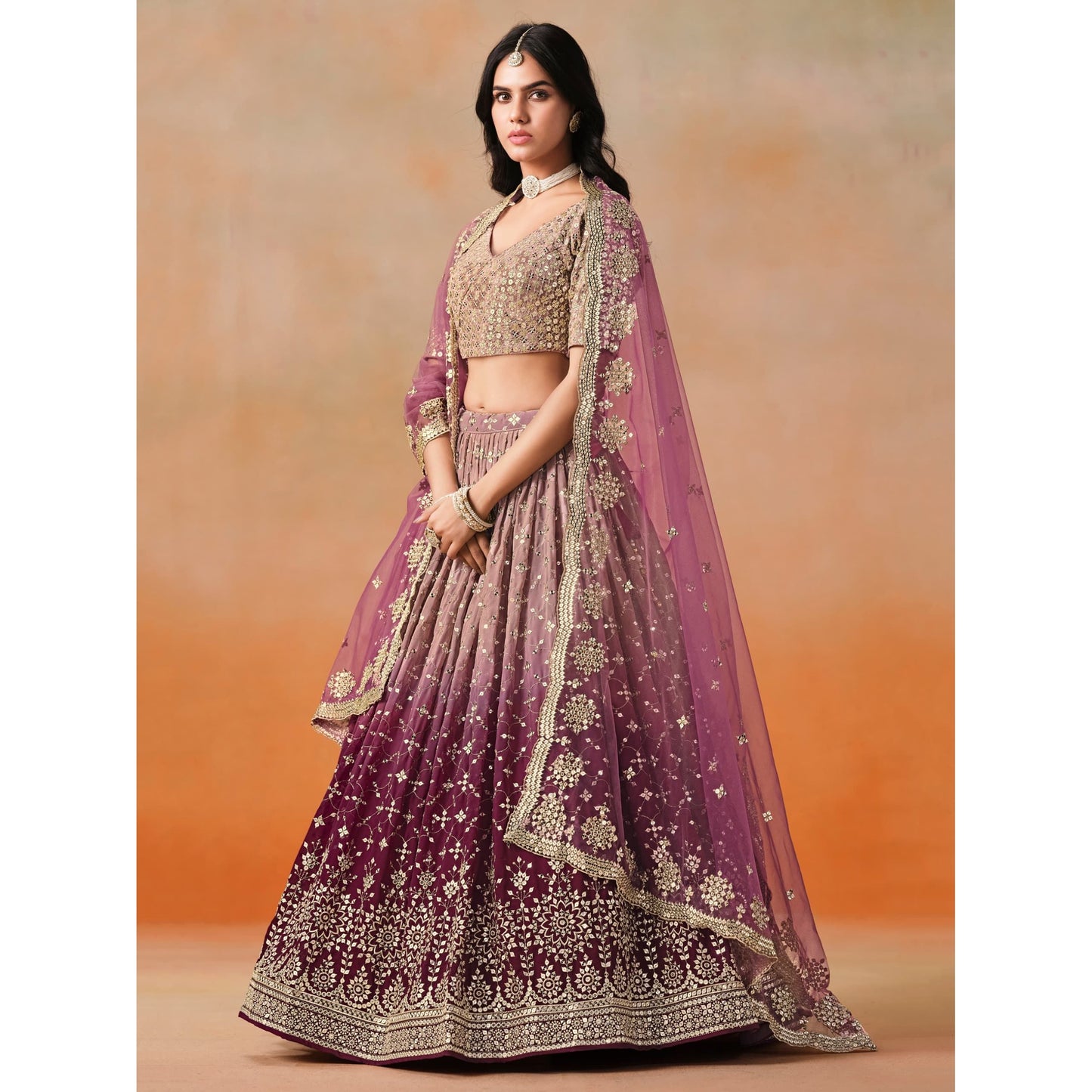Georgette Lehenga Choli Set with Sequins & Zari Embroidery (Maroon) Pre Order
