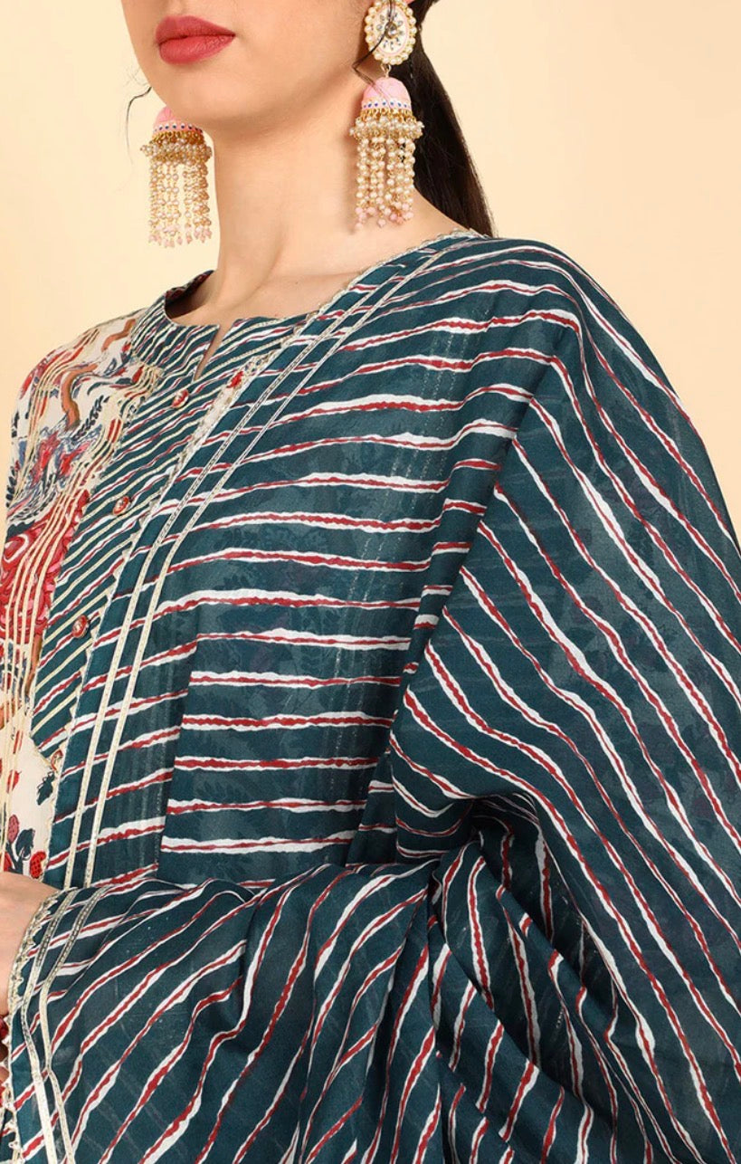 White Floral Printed Cotton Kurta Pant with Dupatta Set