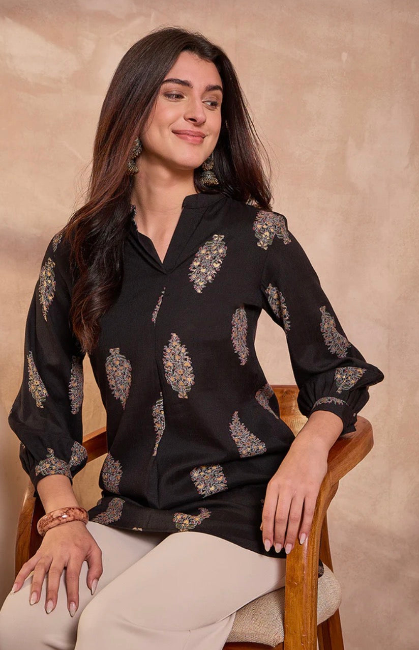 Black Cotton Blend Floral Printed Top