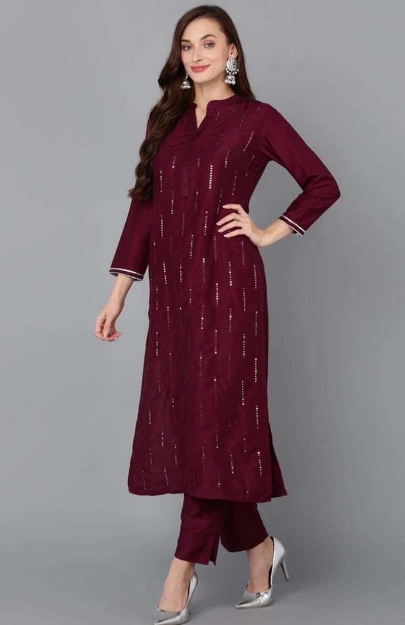 Burgundy Silk Blend Embroidered Kurta Pant With Dupatta