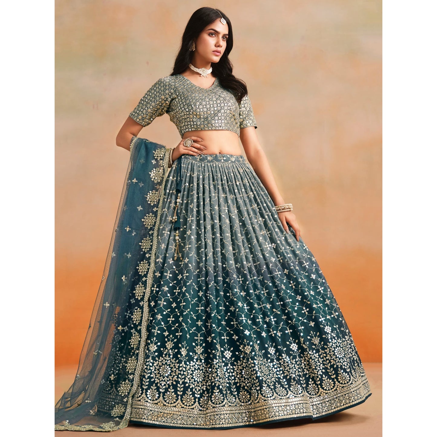 Georgette Lehenga Choli Set with Sequins & Zari Embroidery (dove blue)  : Pre Order Only