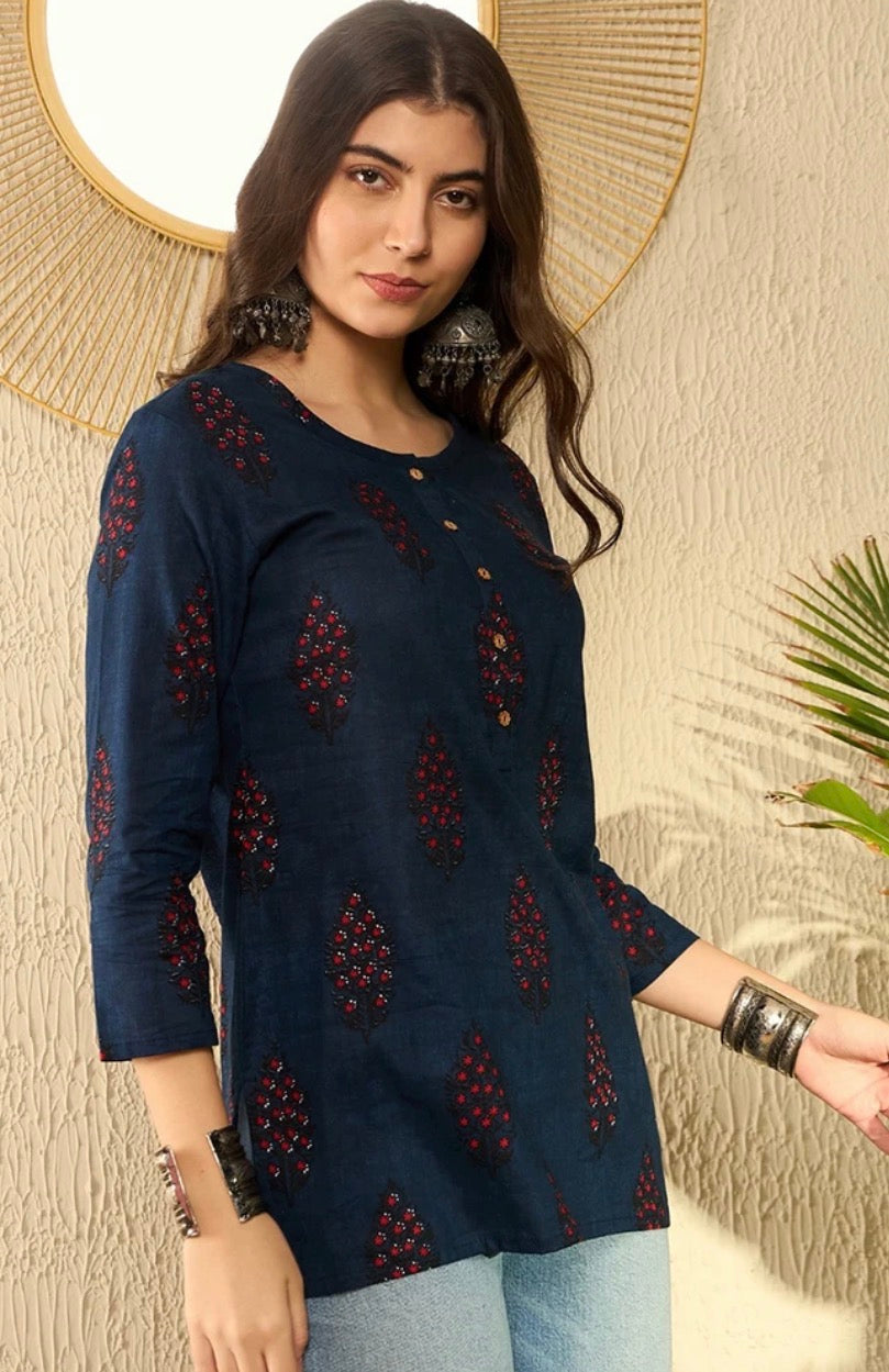 Navy Blue Cotton Blend Ethnic Motifs Printed Tunic Top