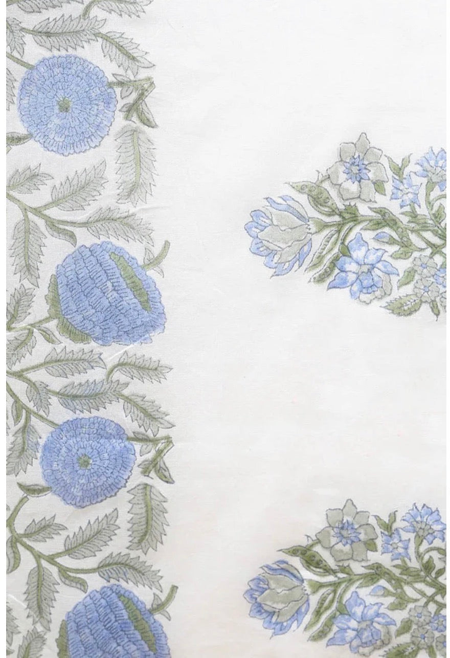 White & Blue Floral Printed Rayon Blend Kurta Set with Dupatta