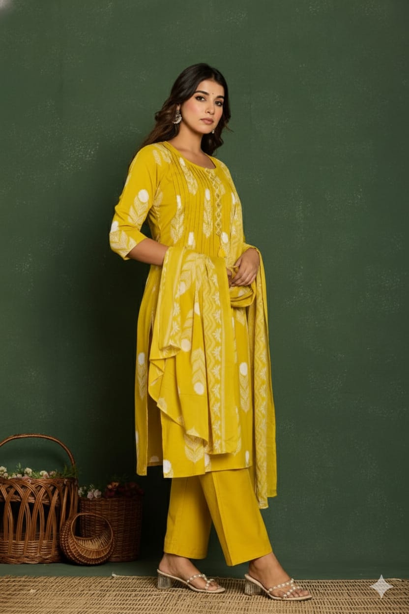 Mustard Yellow A-Line Kurta Set with Pant & Dupatta