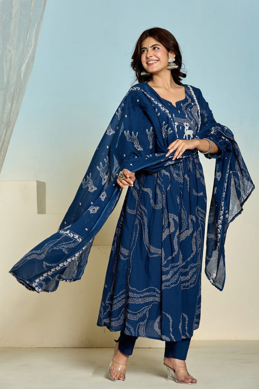 Dark Blue Ghera Kurti Set with Pant & Dupatta