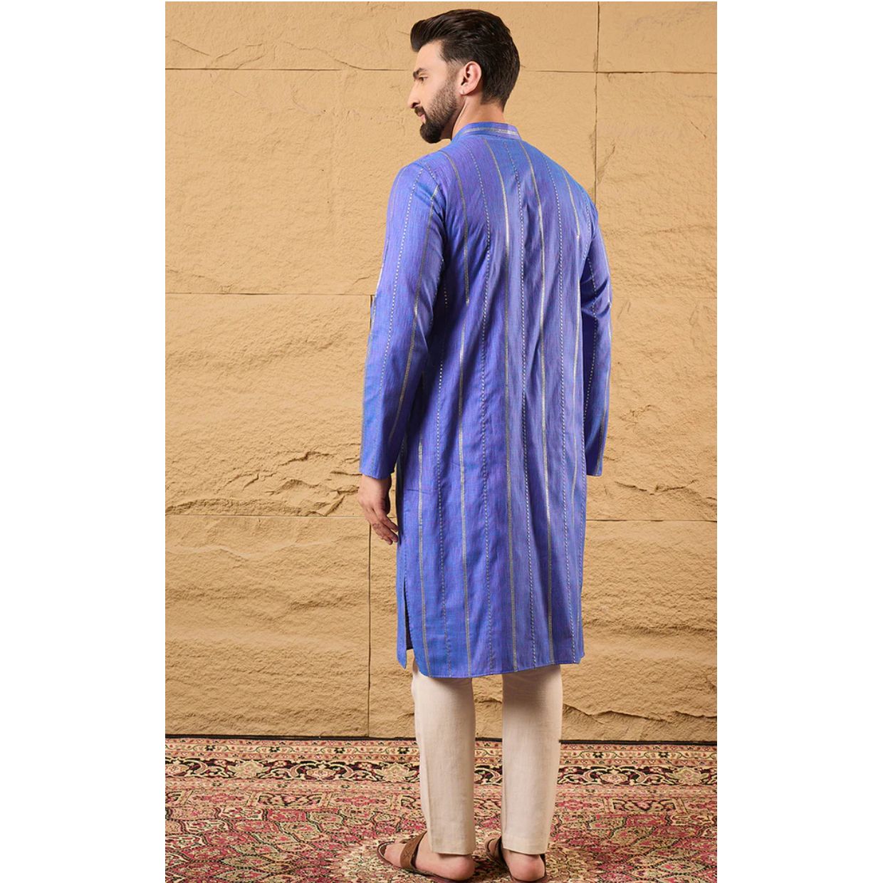 Blue Pure Cotton Embroidered Straight Kurta for Men