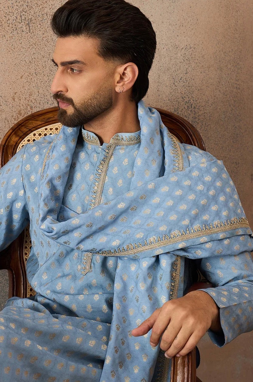 Blue Jacquard Woven Design Floral Straight Kurta Set