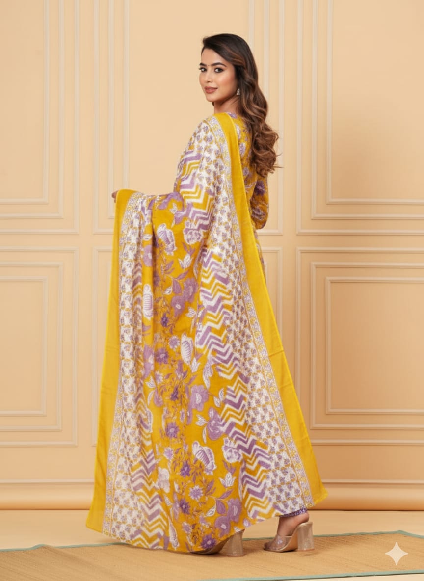 Yellow & Purple Cotton 3-Piece Kurta Set – Chikankari Work