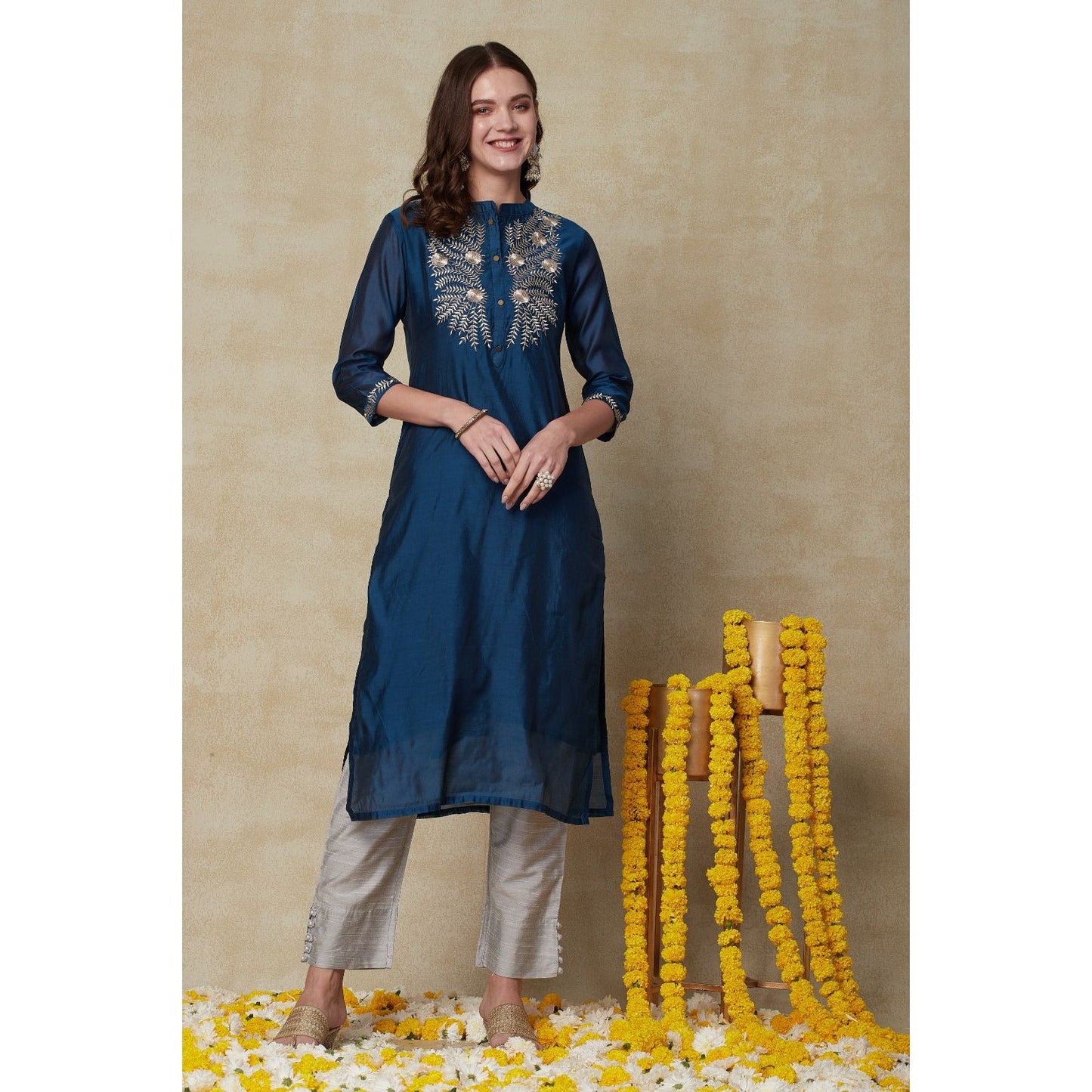 Teal Blue & Grey Festive Wear Kurta Set