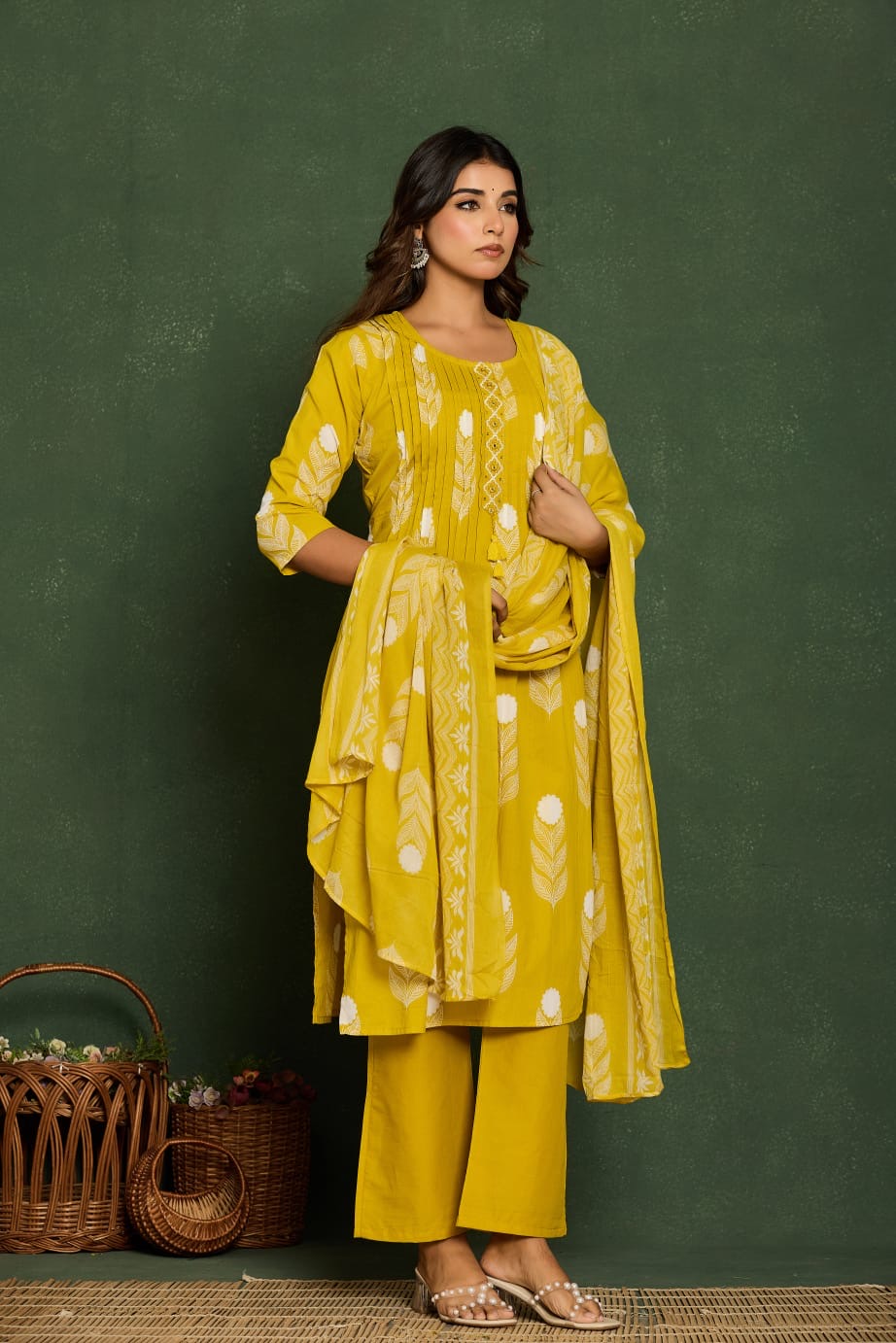 Mustard Yellow A-Line Kurta Set with Pant & Dupatta