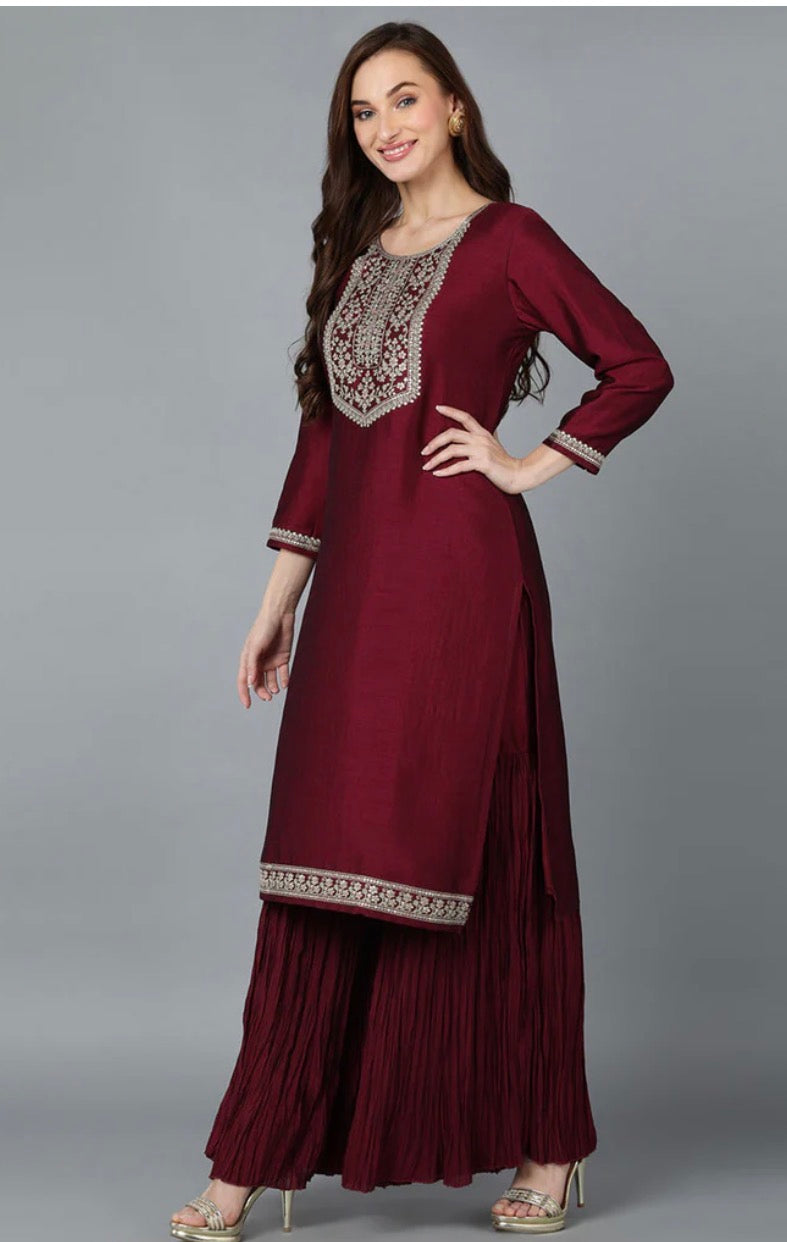 Maroon Silk Blend Yoke Design Kurti Sharara With Dupatta