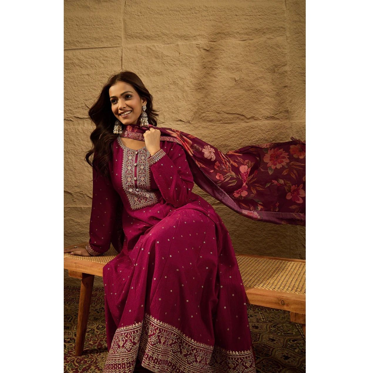 Maroon Silk Bandhani Embroidered Anarkali Kurta Set