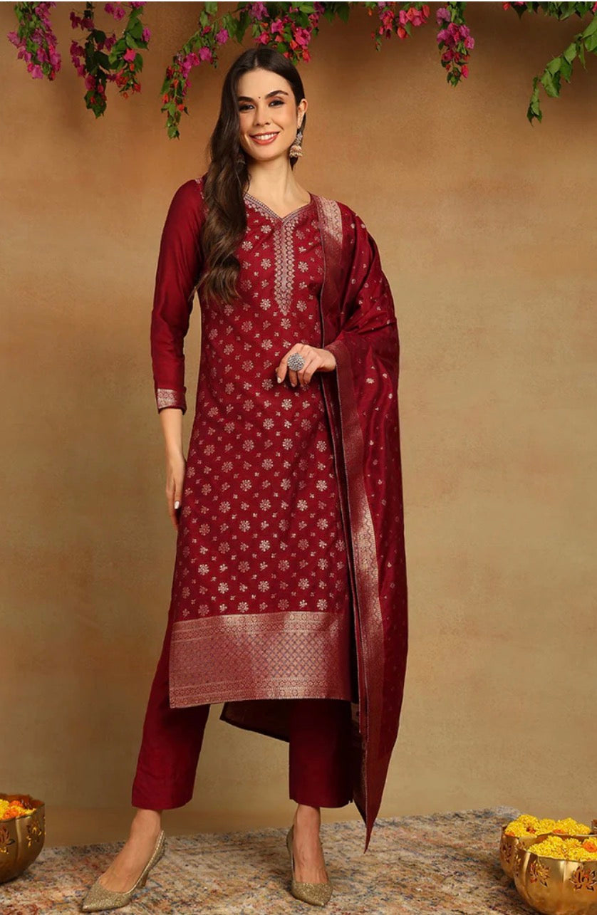 Maroon Chanderi Woven Design Straight Kurta Set