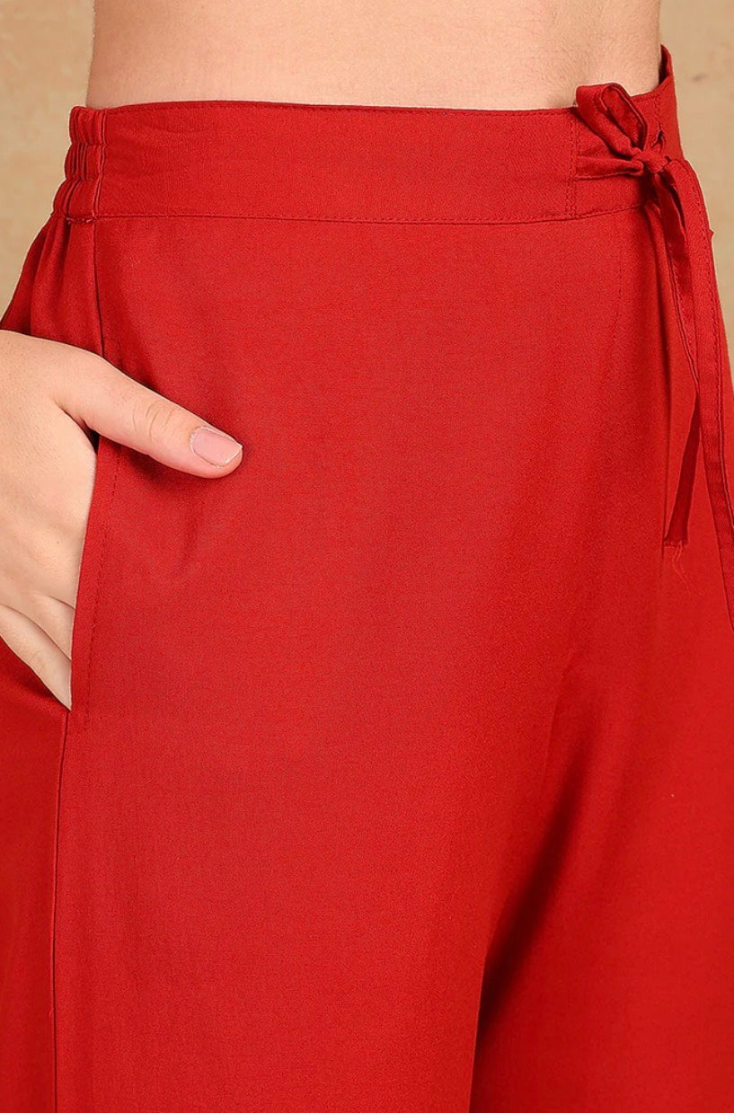 Red Silk Blend Solid Embroidered A-Line Trouser Bottom Suit Set