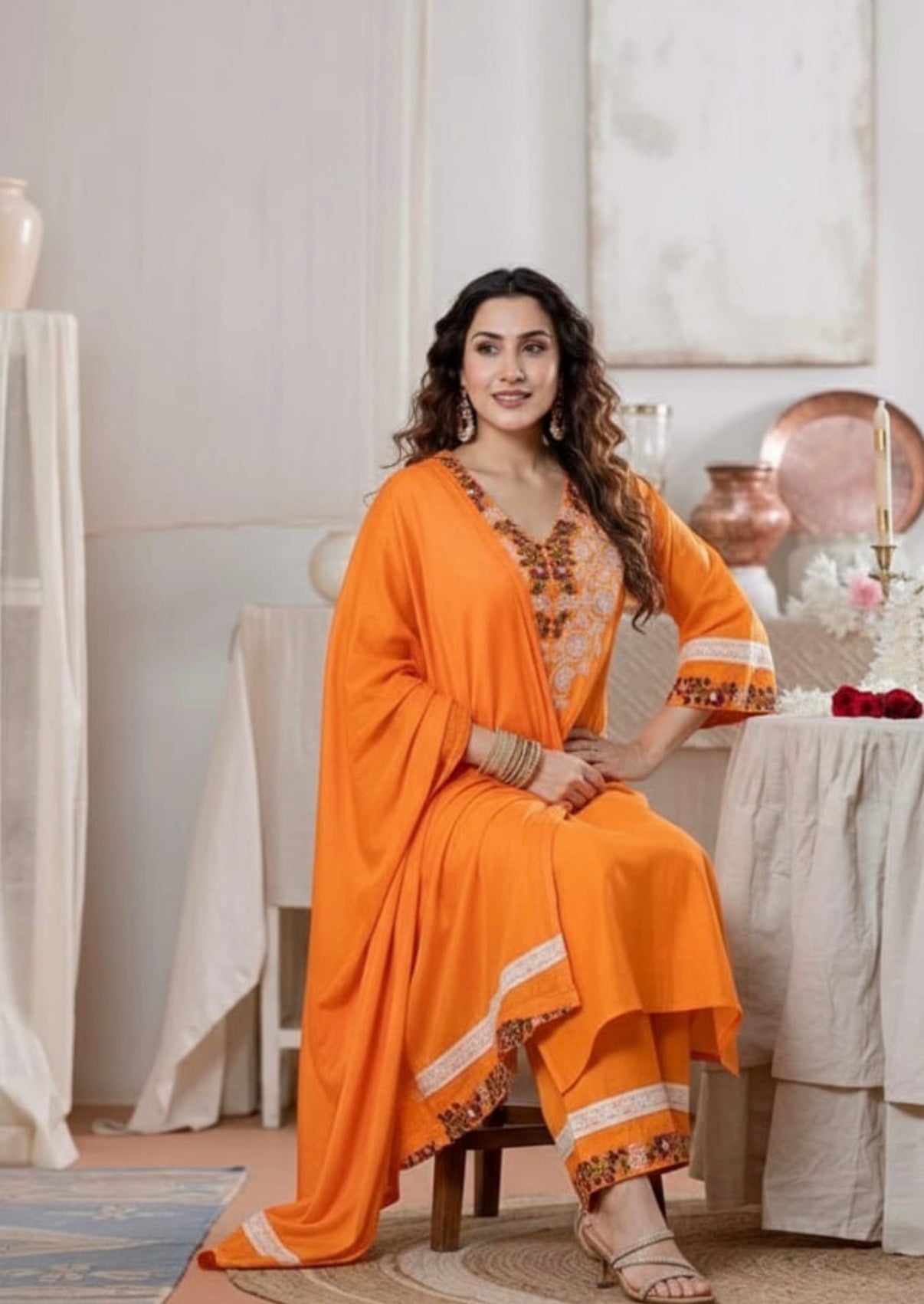 Orange Embroidered A-Line Kurta Set