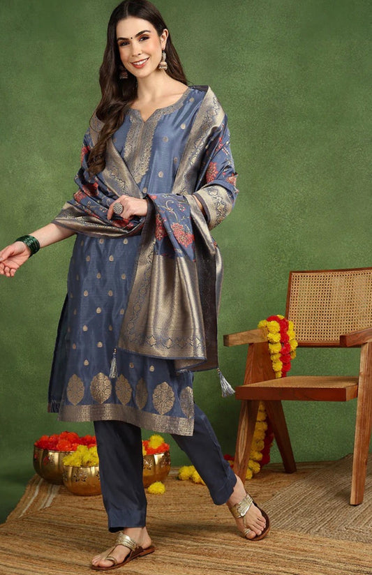 Grey Chanderi Solid Woven Design Straight Suit Set