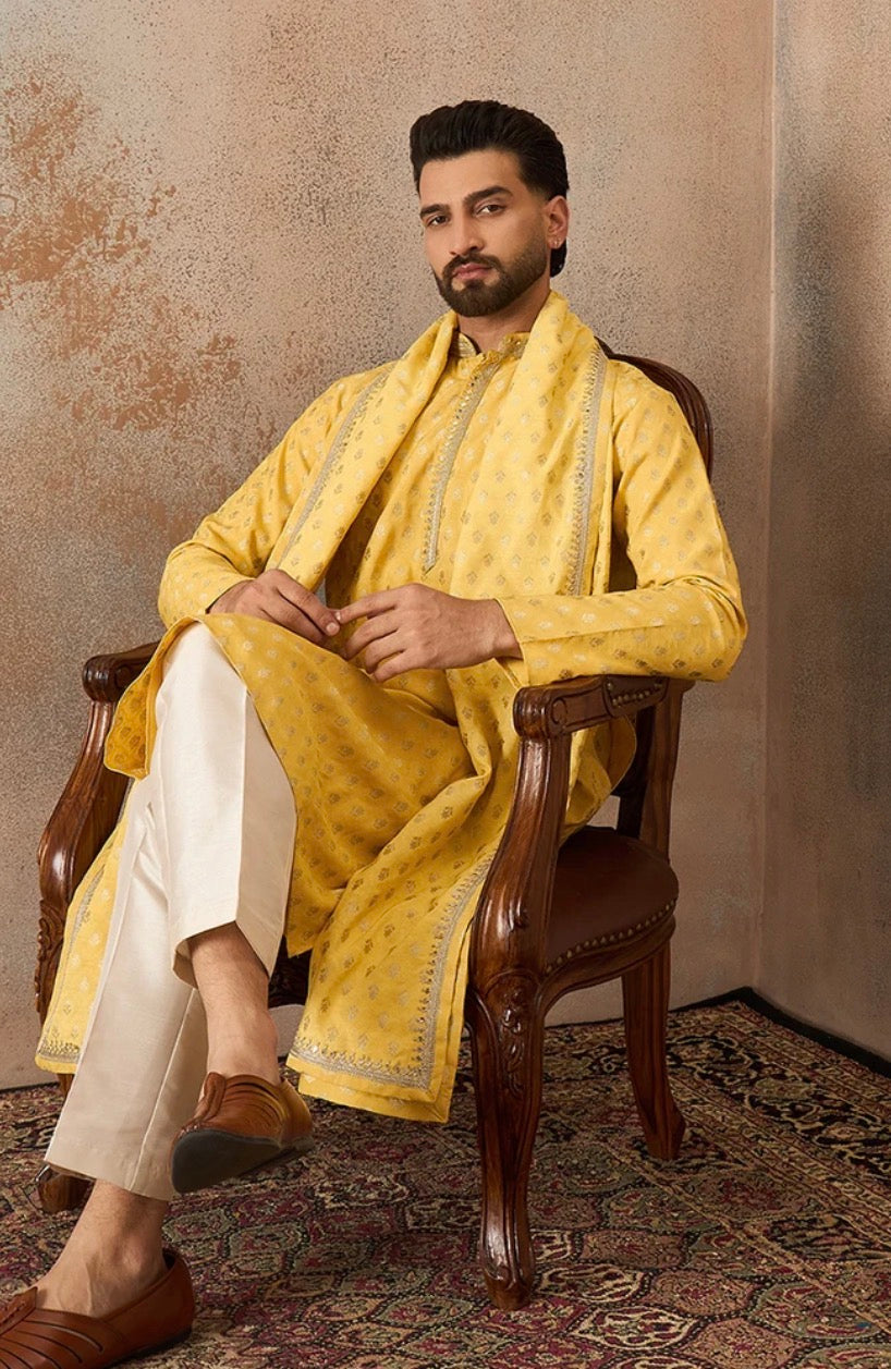 Yellow Jacquard Woven Design Floral Straight Kurta Set