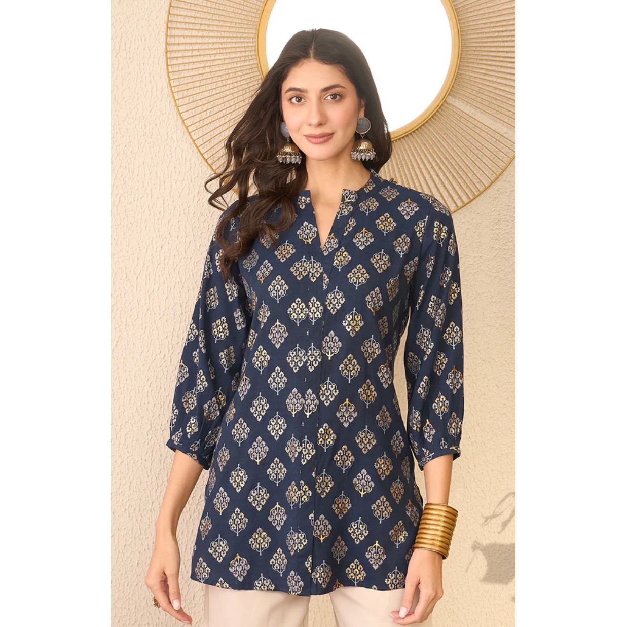 Navy Blue Cotton Blend Floral Printed Regular Top