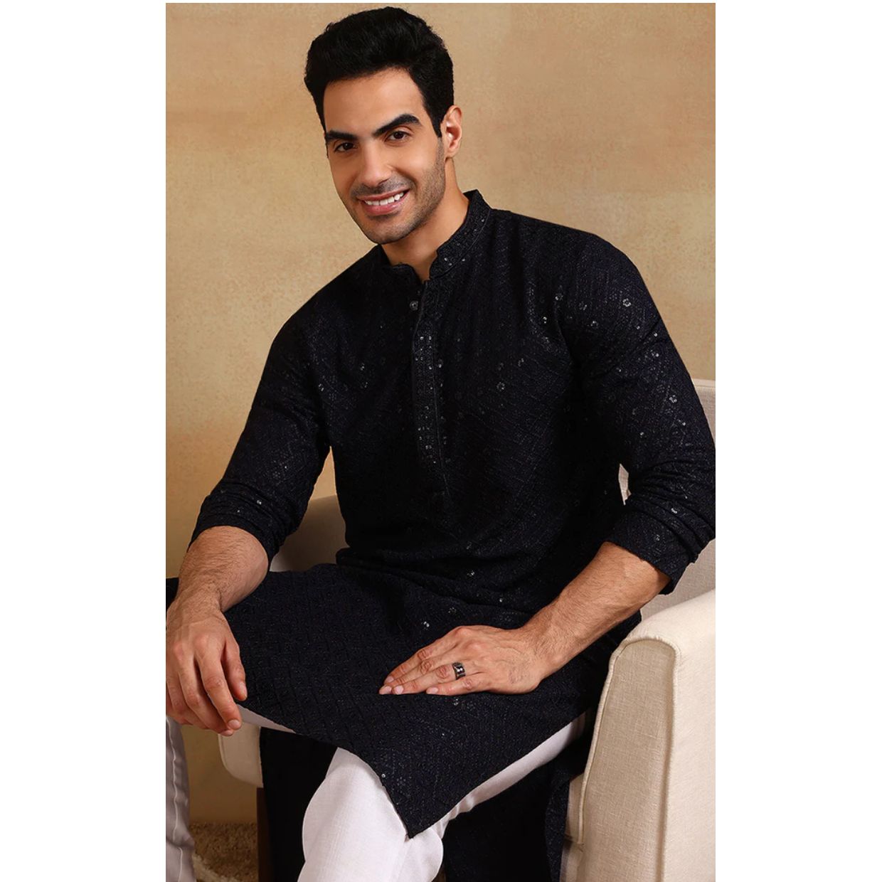 Navy Blue Viscose Rayon Solid Embroidered Straight Kurta For Men