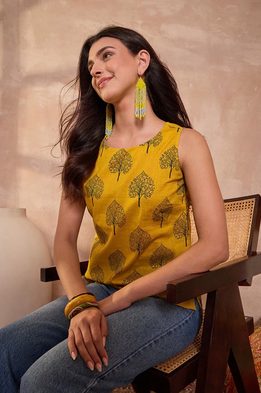Yellow Cotton Blend Floral Printed Top