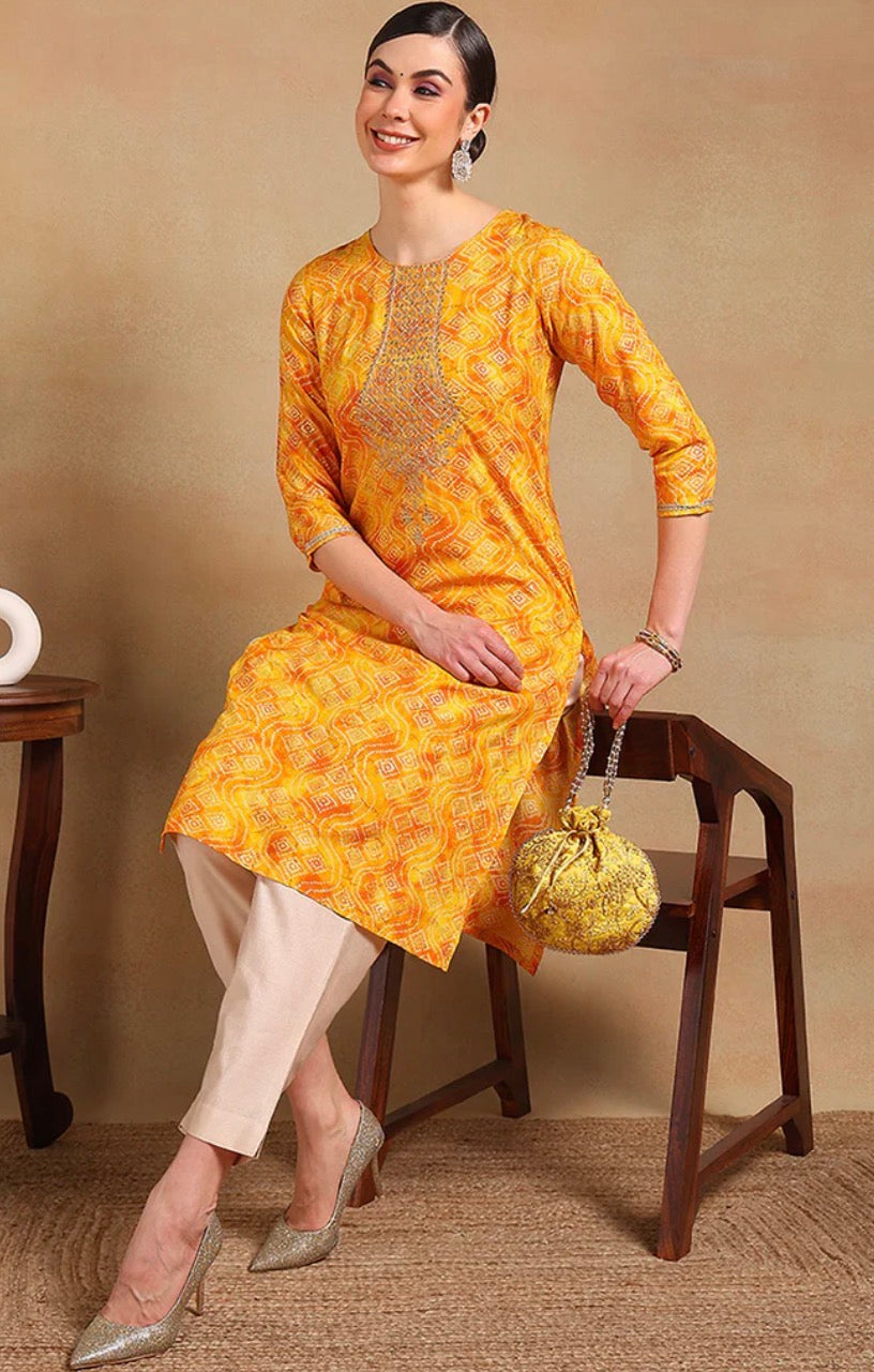 Yellow Viscose Rayon Bandhani Printed Straight Kurta