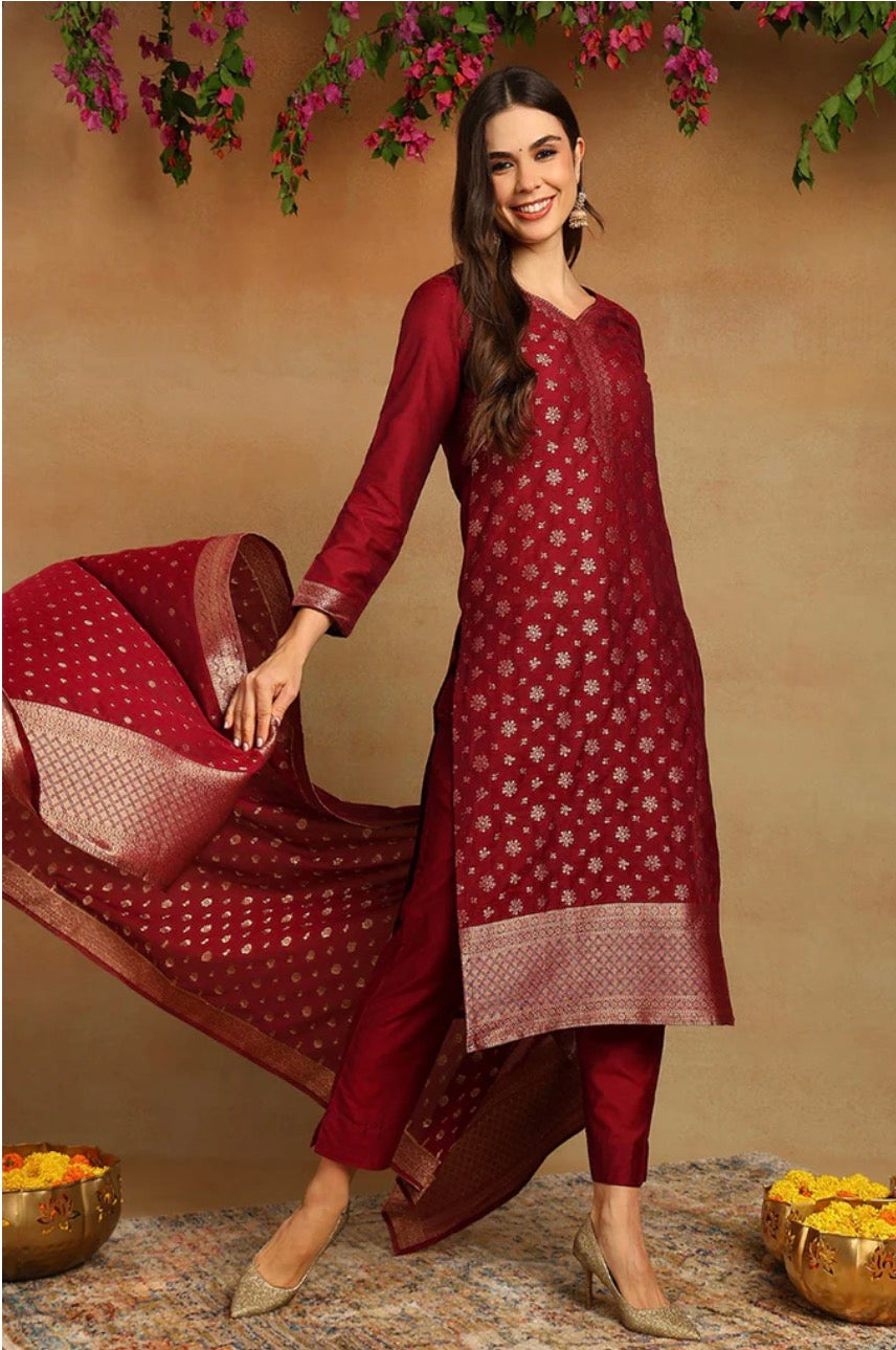 Maroon Chanderi Woven Design Straight Kurta Set