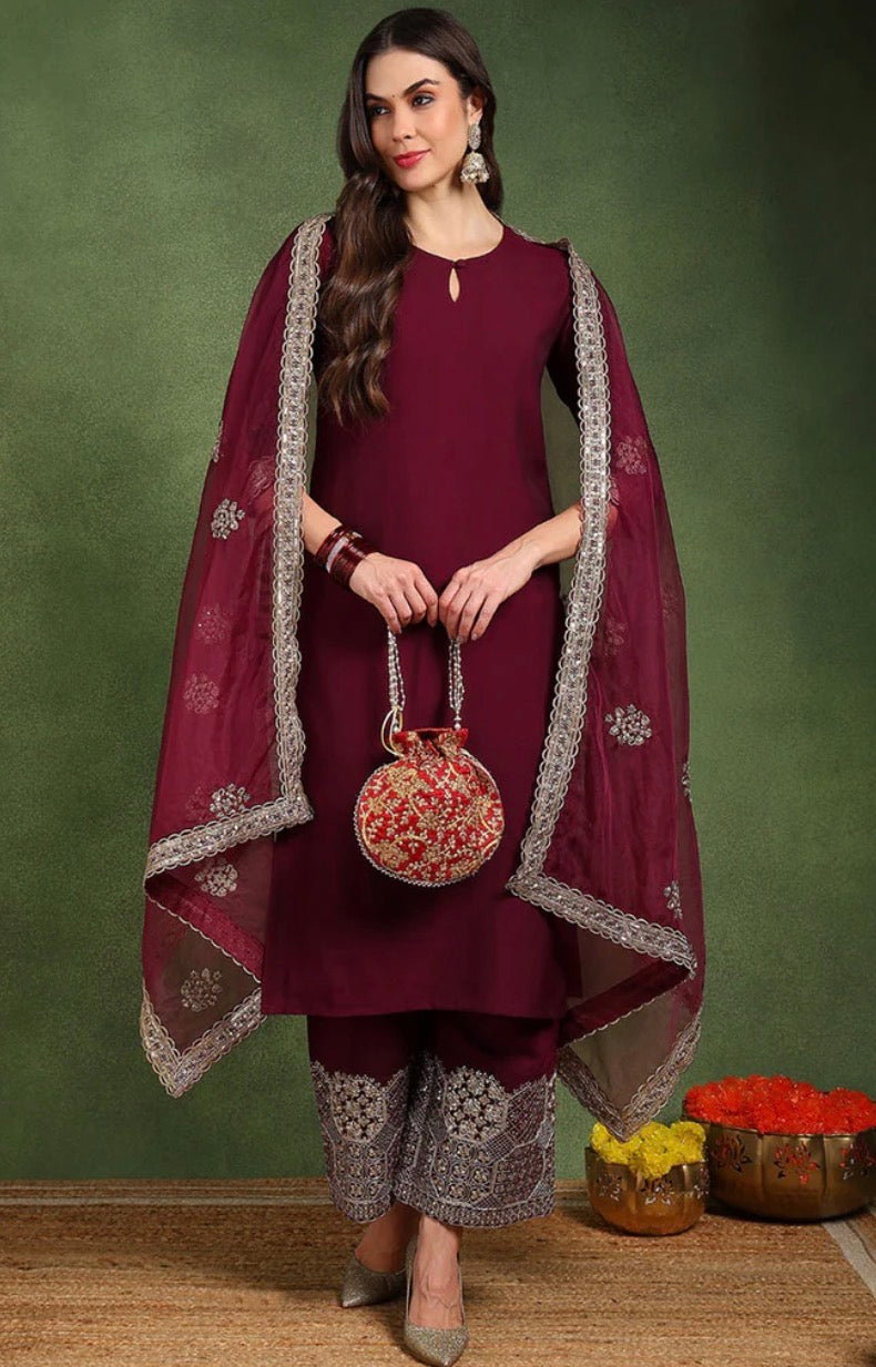 Burgundy Silk Blend Kurta Set