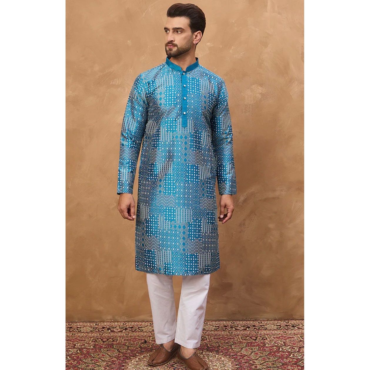 Blue Silk Blend Geometric Printed Straight Kurta – Men’s Ethnic Wear
