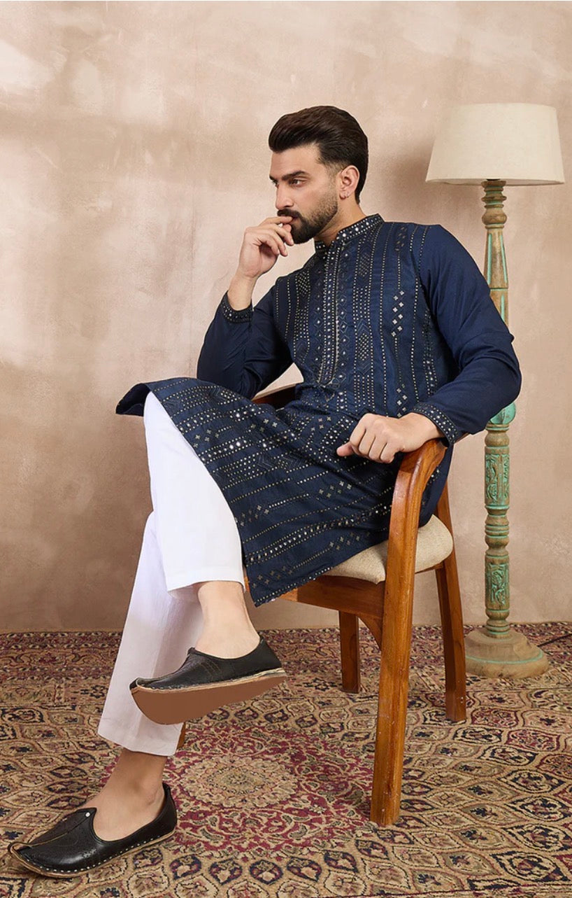 Blue Silk Blend Embroidered Straight Kurta With Trouser