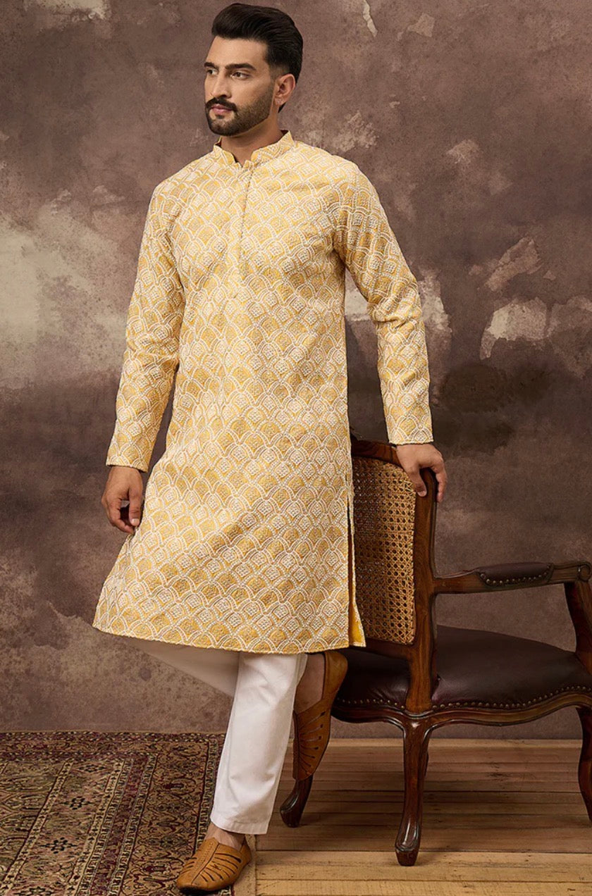 Yellow Viscose Rayon Solid Embroidered Straight Kurta