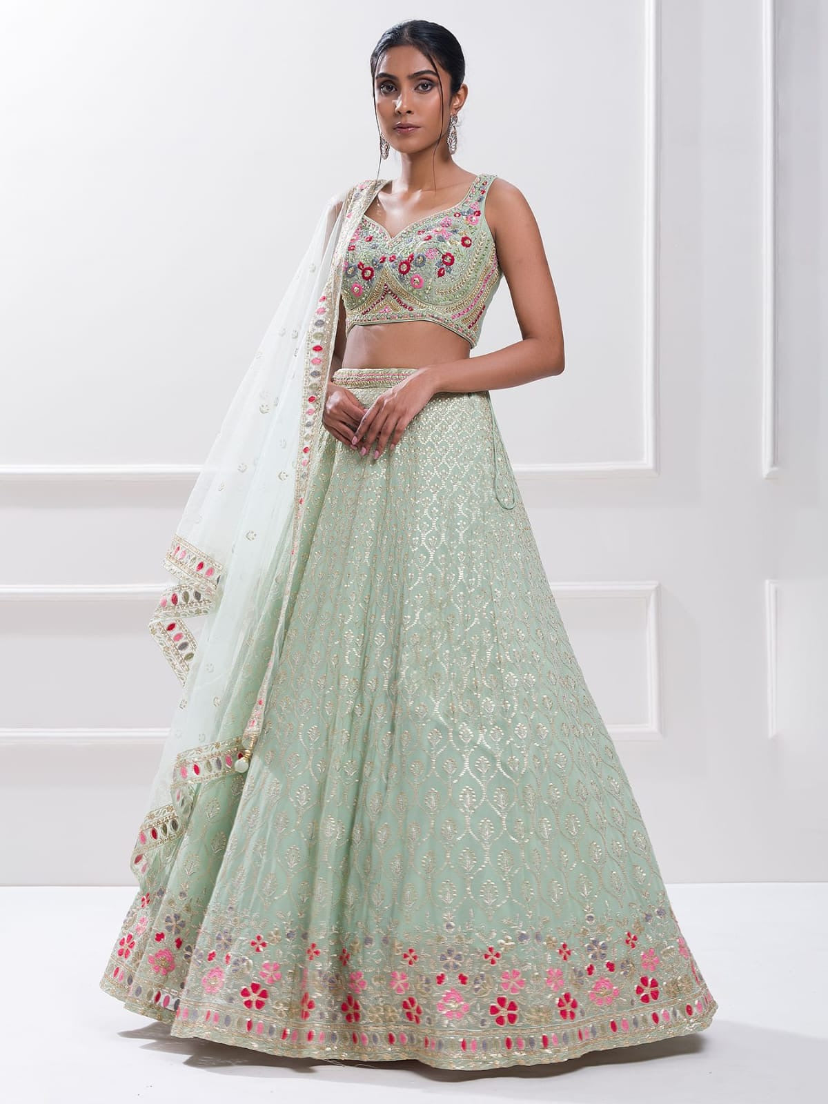 Pastel Mint Green Embroidered Lehenga Set