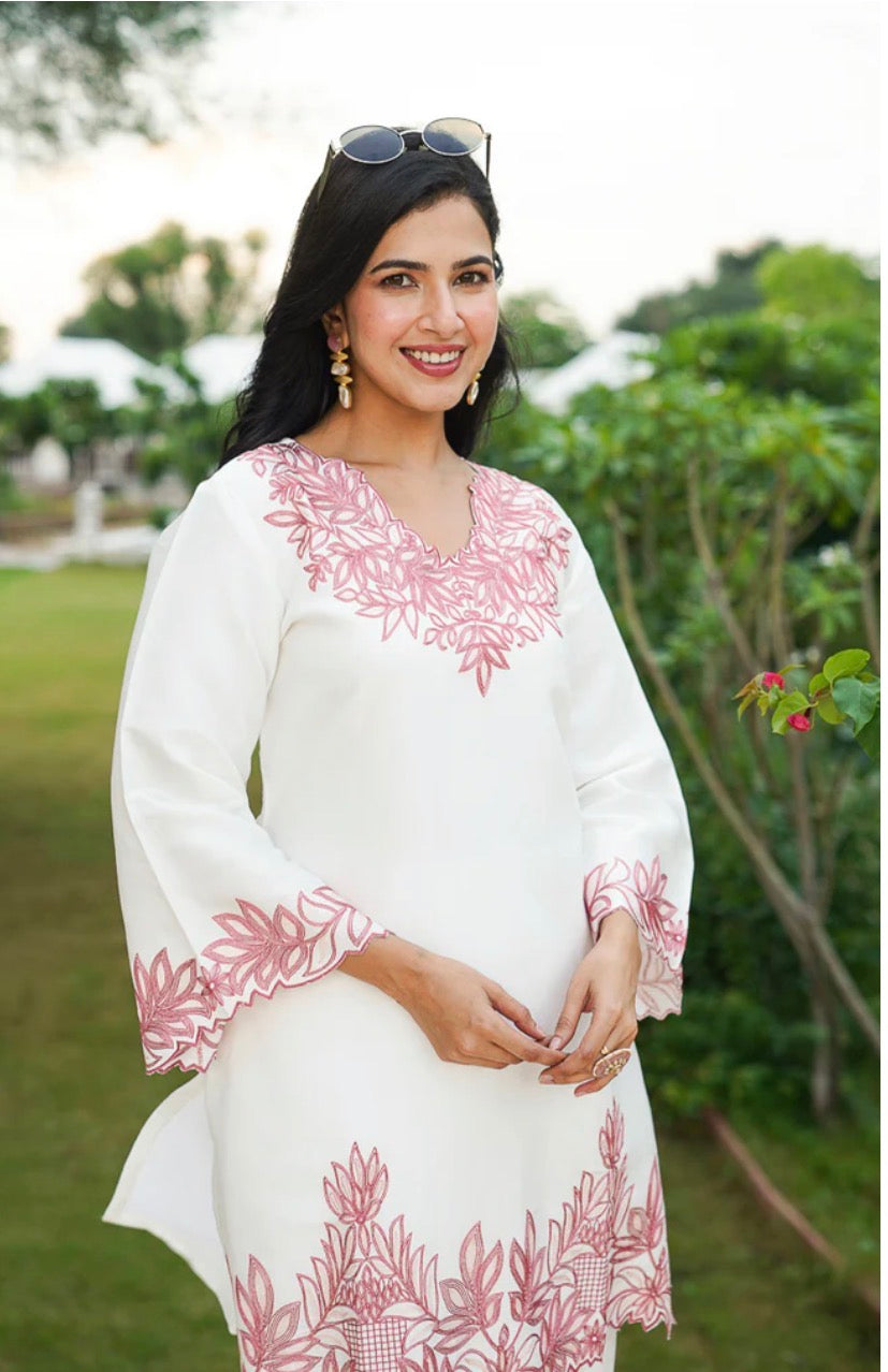 White Silk Blend Embroidered Straight Coord Sets