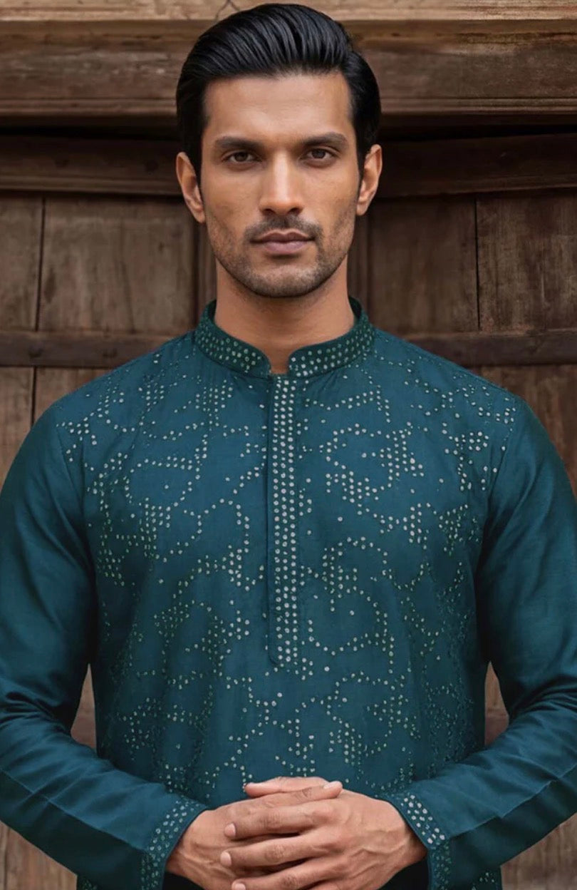 Teal Embellished Silk Kurta with Sequin Detailing | Men's Ethnic Wear