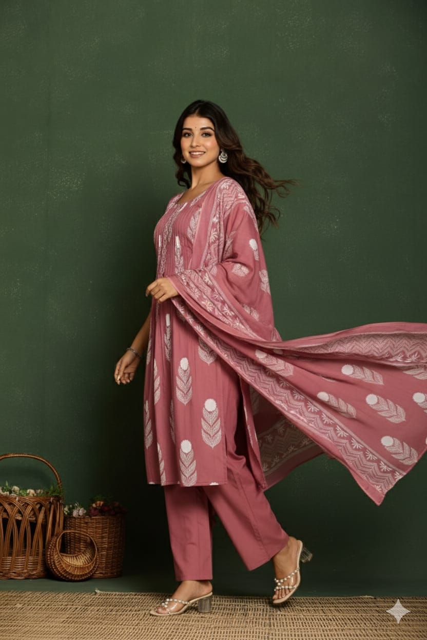 Dusty Mauve A-Line Kurta Set with Pant & Dupatta