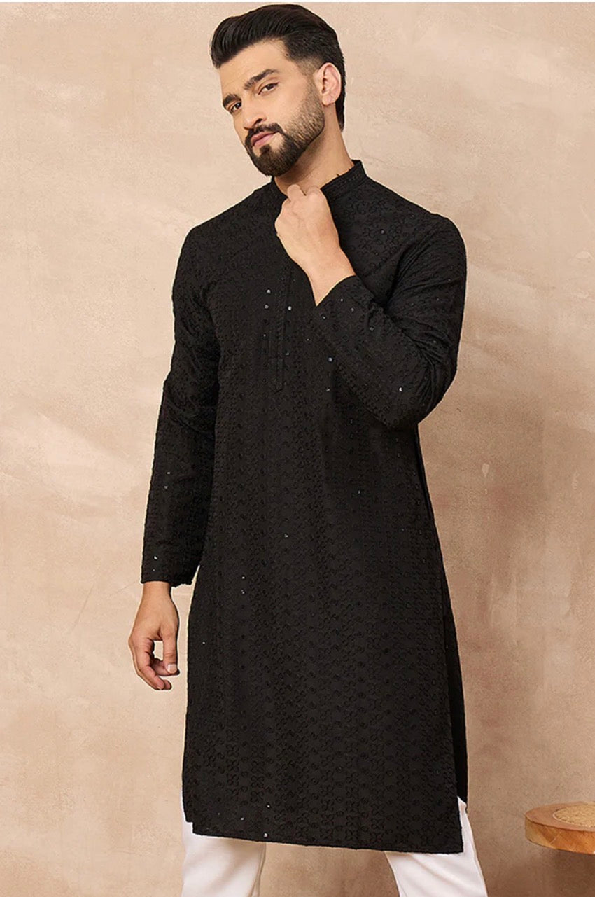 Black Viscose Rayon Solid Embroidered Straight Kurta