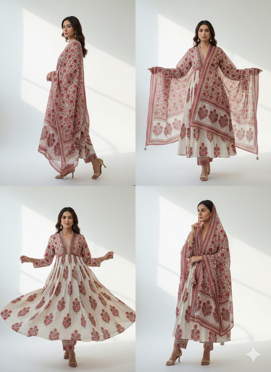 White & Pink Floral A-Line Anarkali Kurta Set – Pure Cotton (3-Piece)