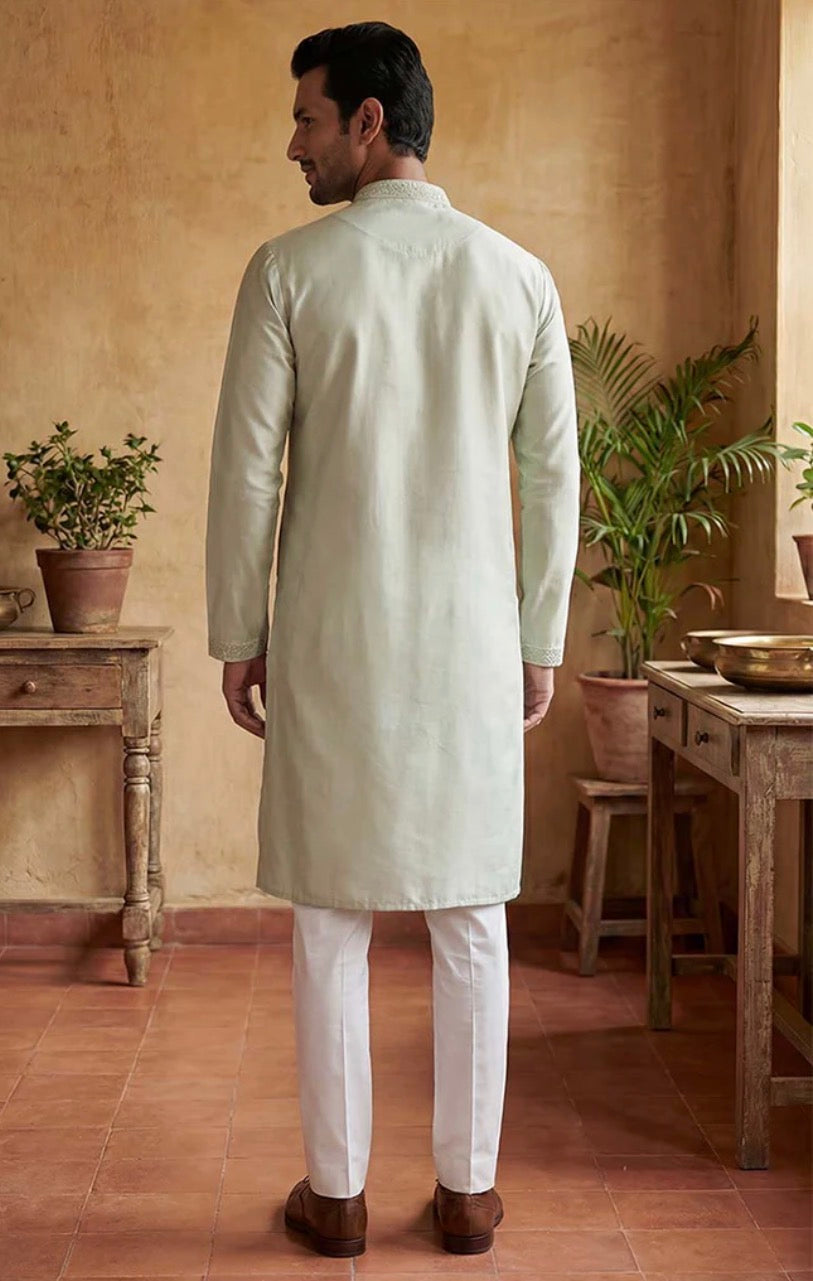 Sage Green Silk Blend Embroidered Straight Kurta for Men | Festive & Wedding Wear