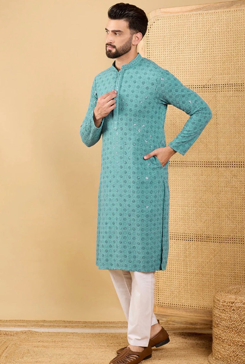 Turquoise Blue Chikankari Kurta