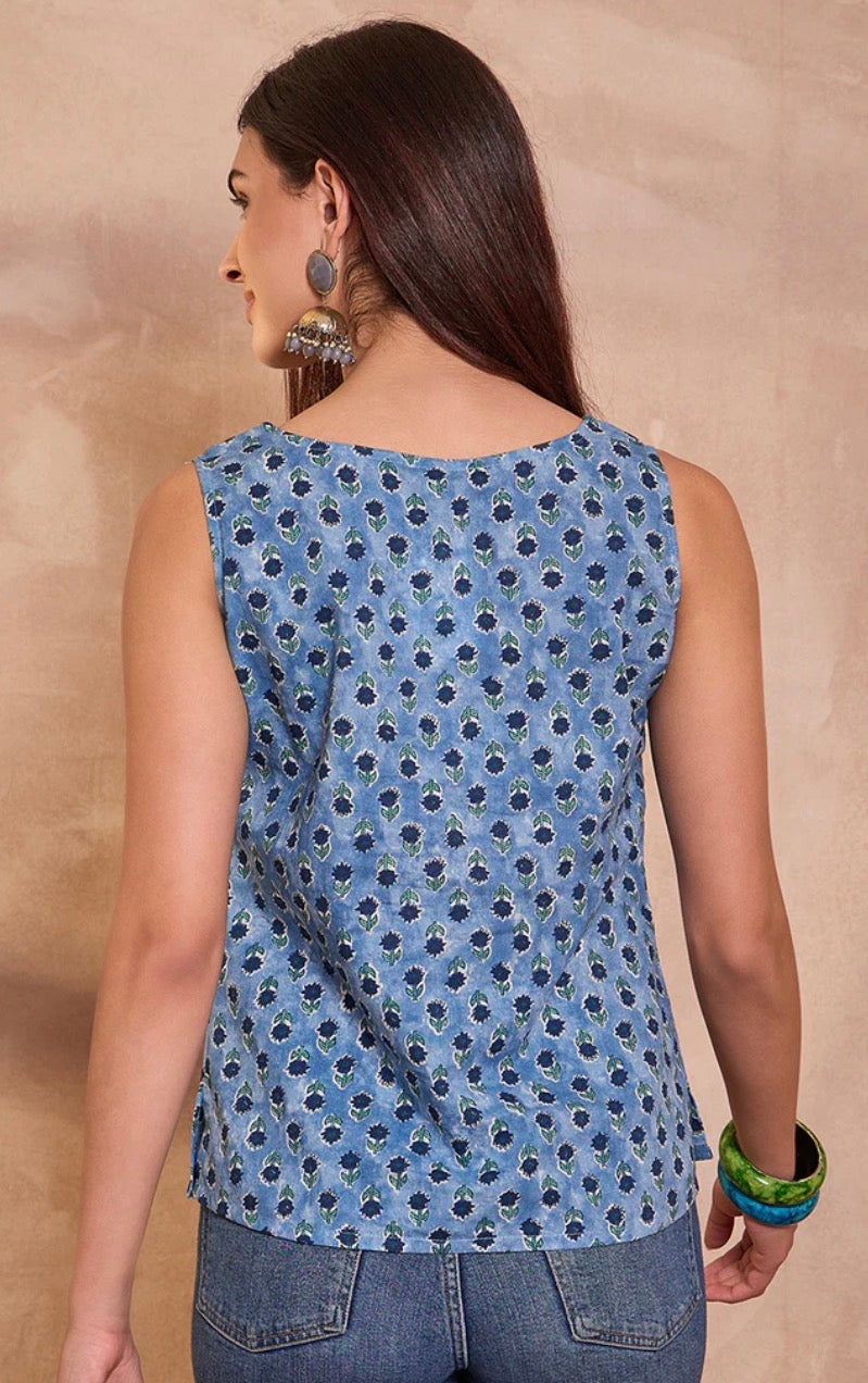 Blue Cotton Blend Floral Printed Top