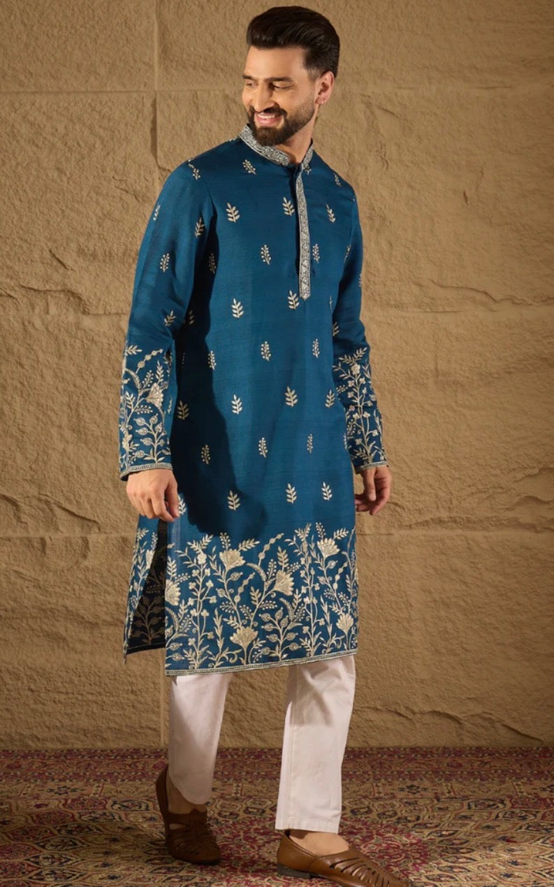 Blue Chanderi Silk Embroidered Straight Kurta