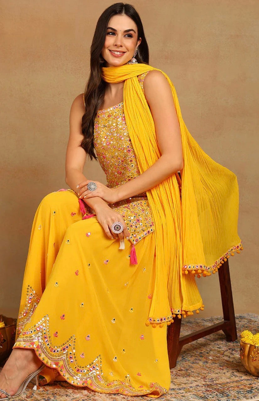 Yellow Georgette Solid Embroidered Straight Kurta Set