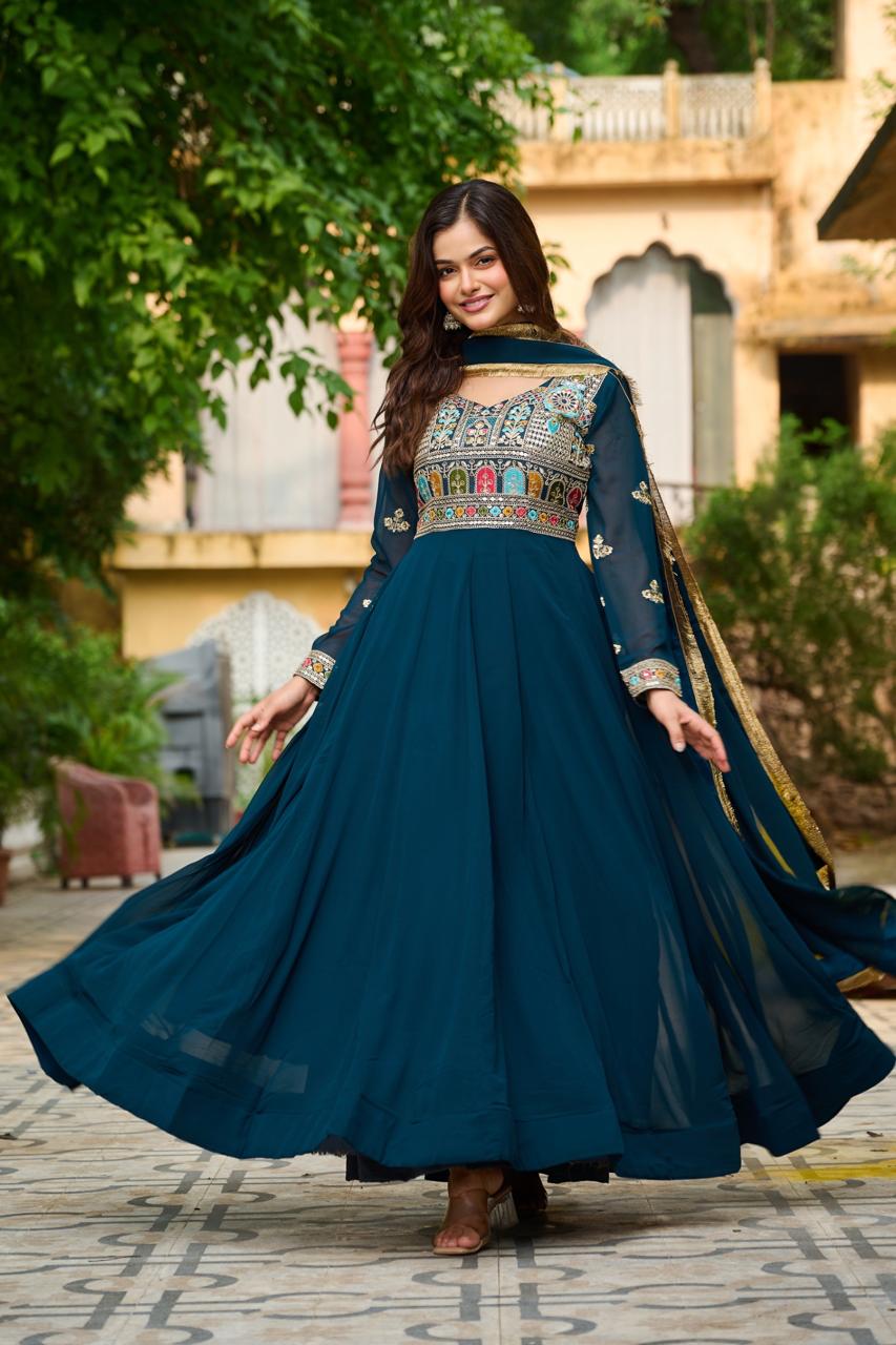 Maroon & Rama Green Festive Gown-Dupatta Set with Sequins Embroidery