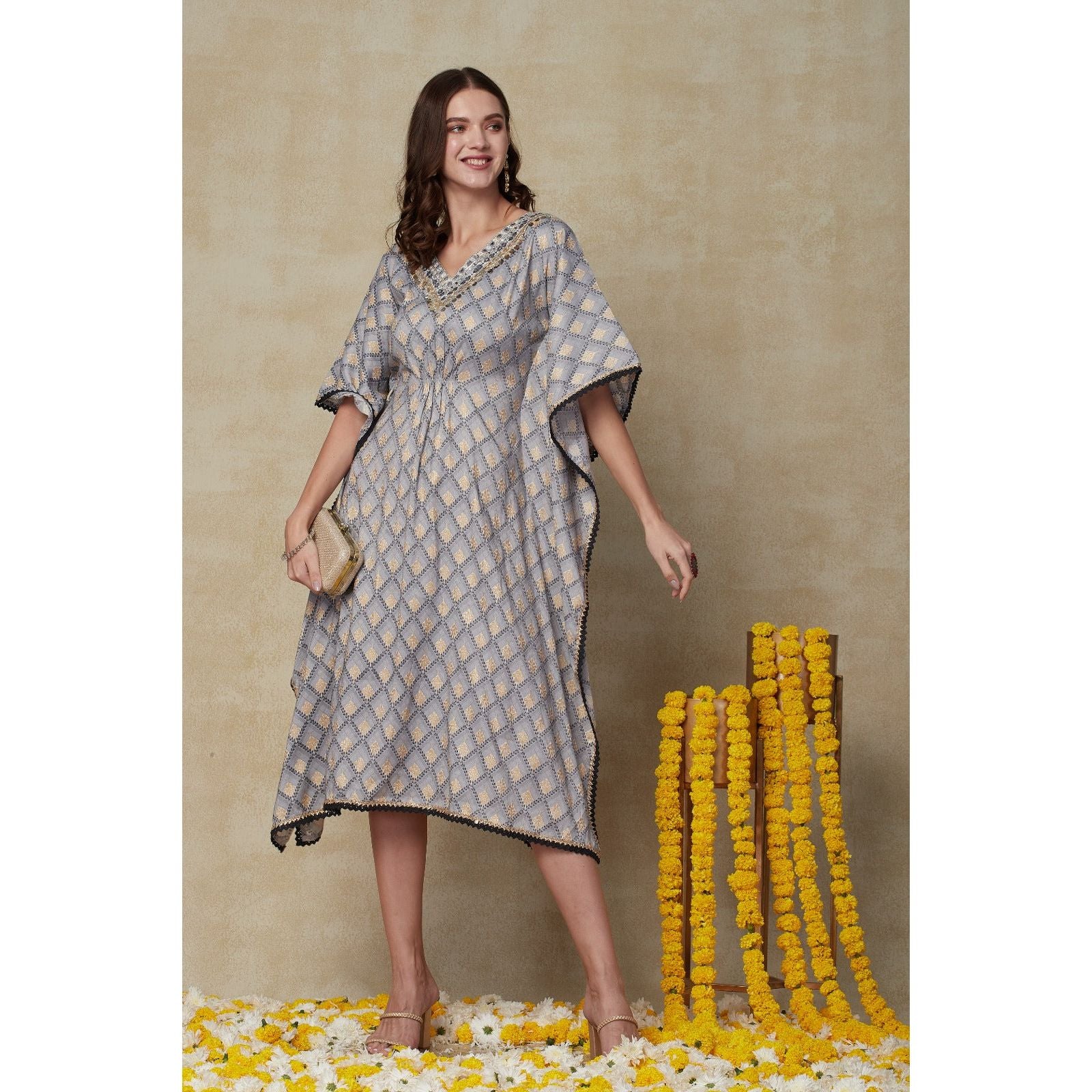 grey kaftan dress Drawstring Kaftan in Grey Tiles