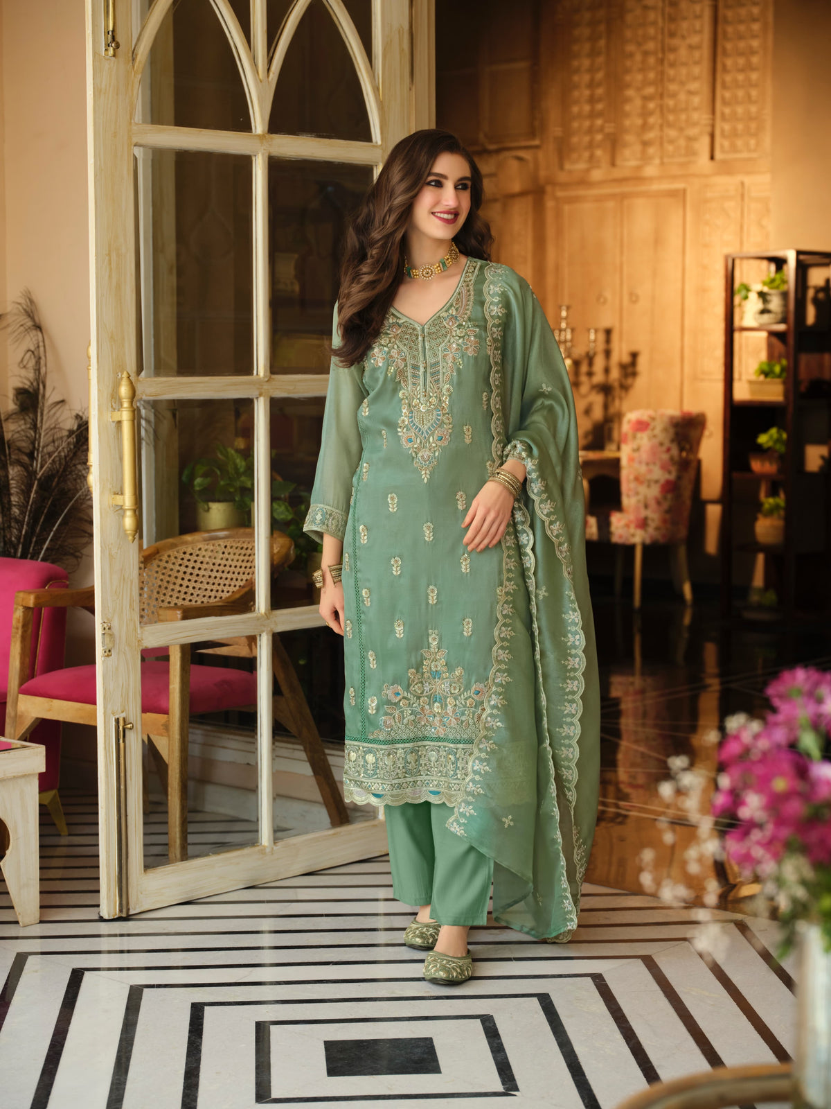 Sage Green Embroidered Shimmer Kurta Set with Dupatta
