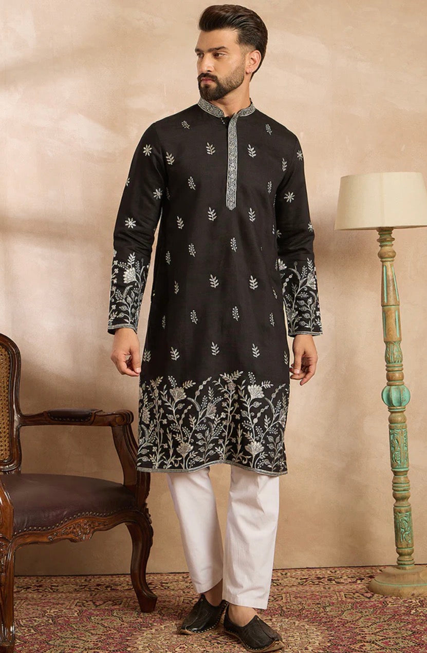 Black Silk Blend Solid Embroidered Straight Kurta With Trouser