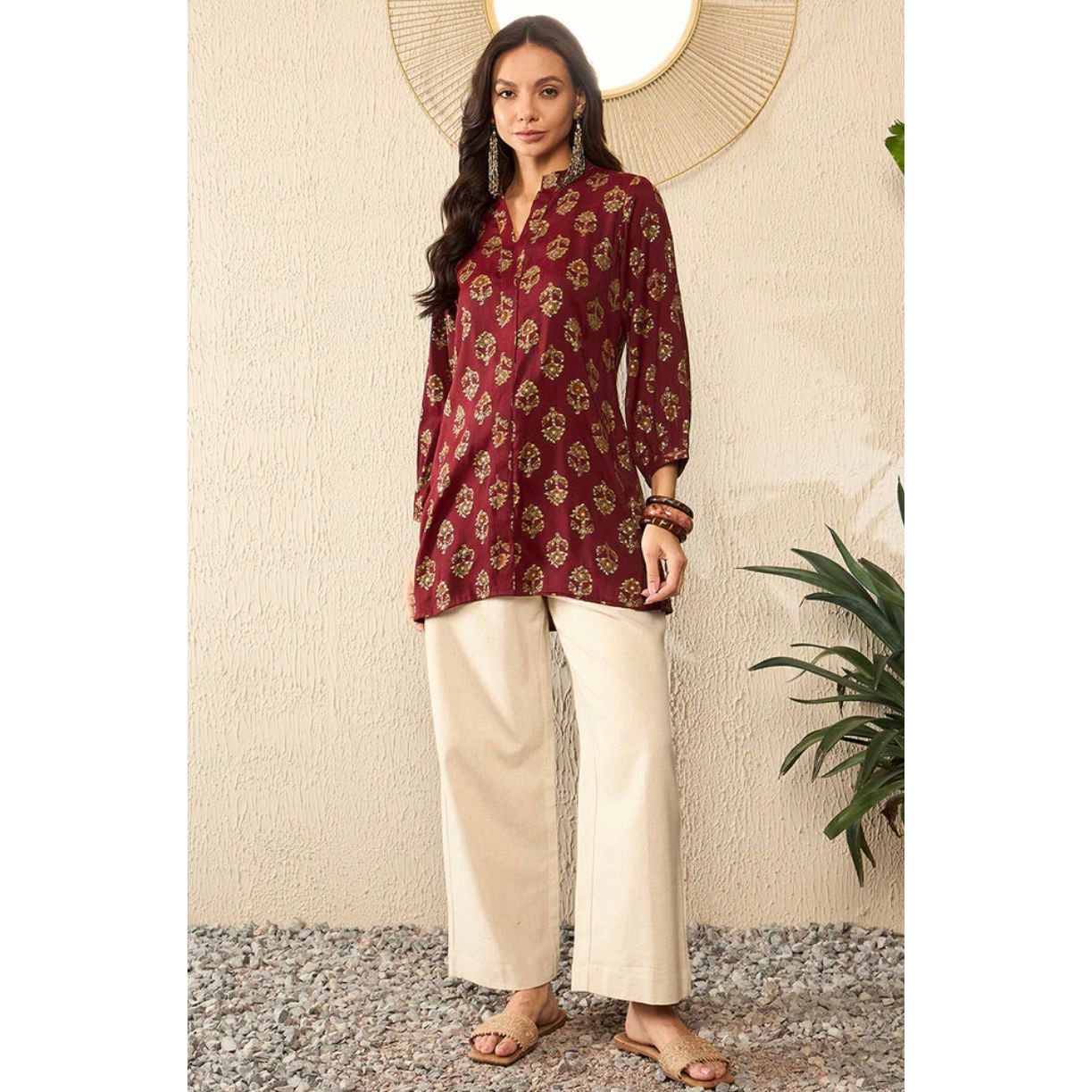 Maroon Cotton Blend Floral Printed Regular Top