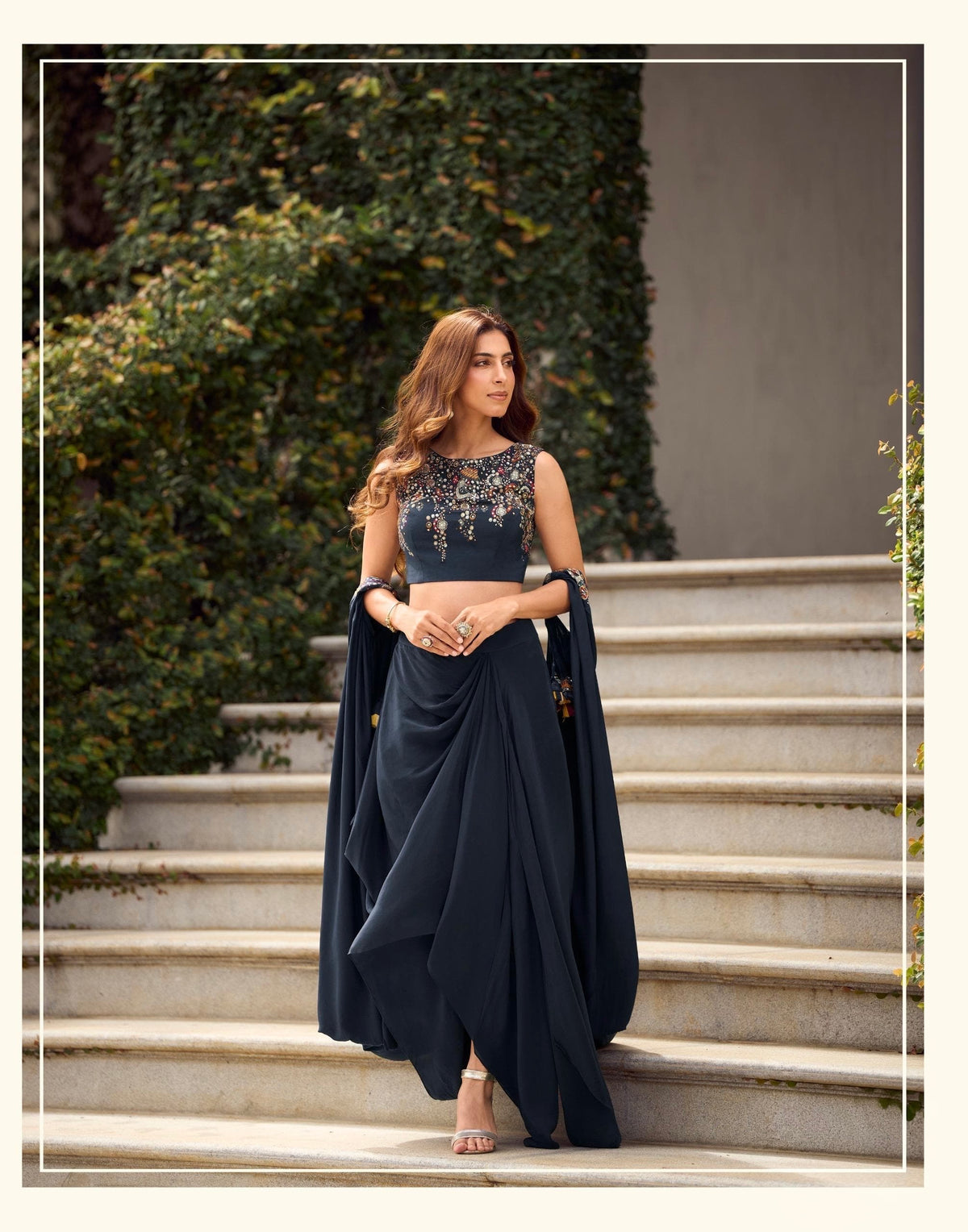 Midnight Muse Embroidered Indo-Western Shrug & Draped Bottom Set
