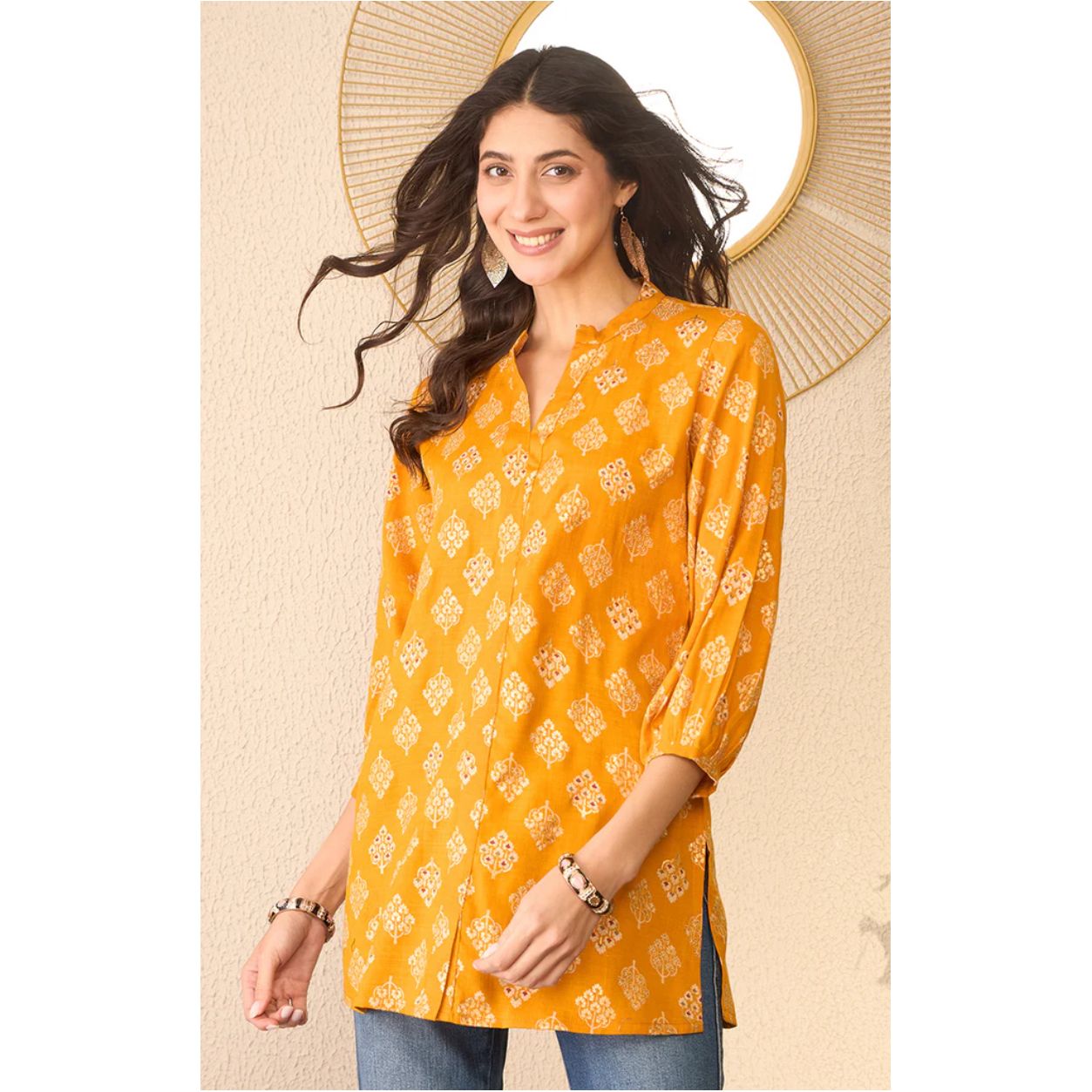 Yellow Cotton Blend Floral Printed Tunic Top