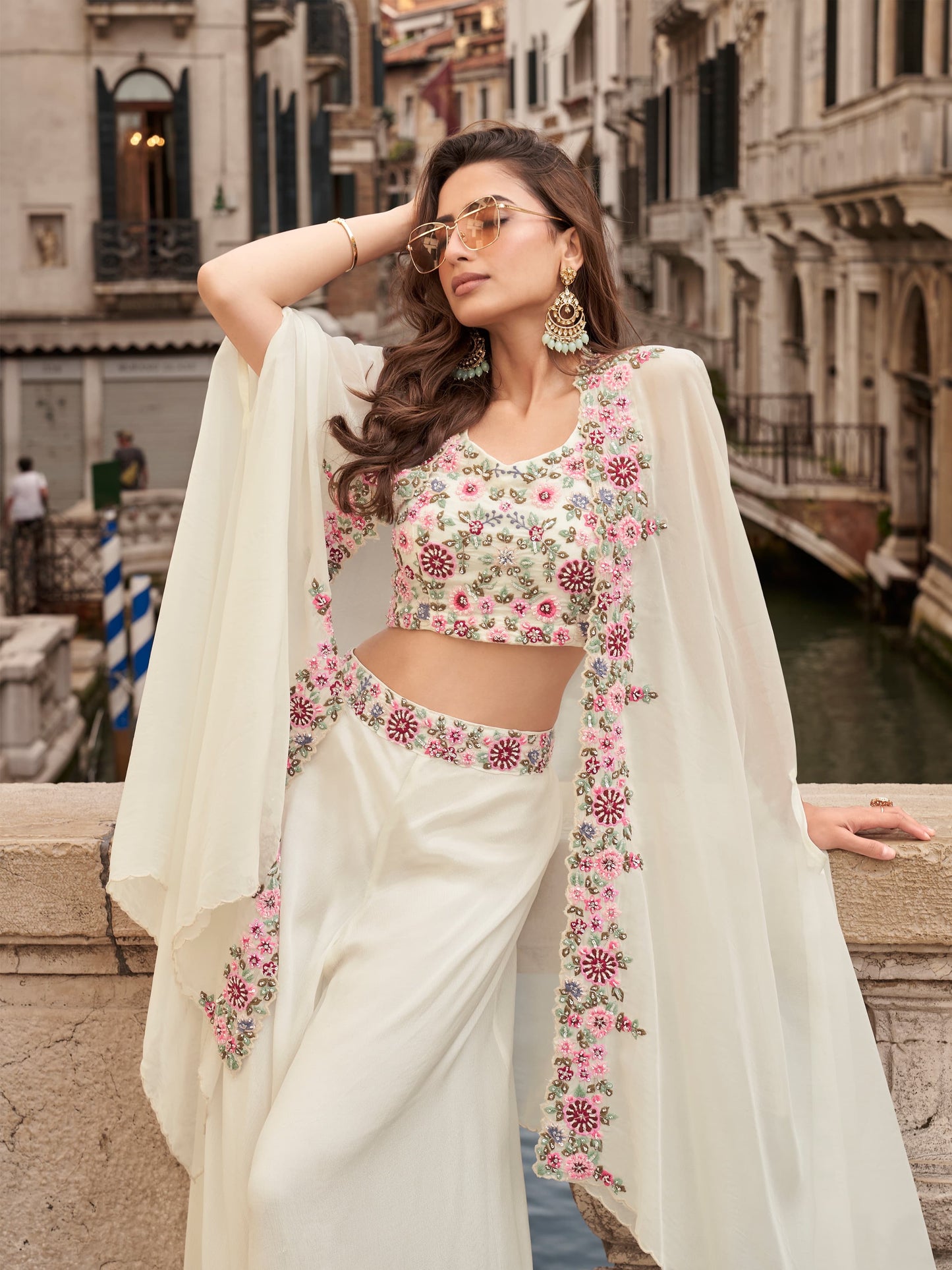 Premium Indo-Western Chinon Silk Palazzo Set with Embroidered Blouse & Shrug Dupatta