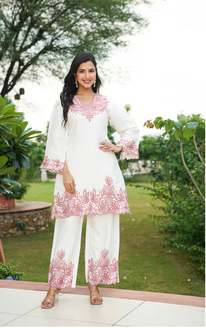 White Silk Blend Embroidered Straight Coord Sets